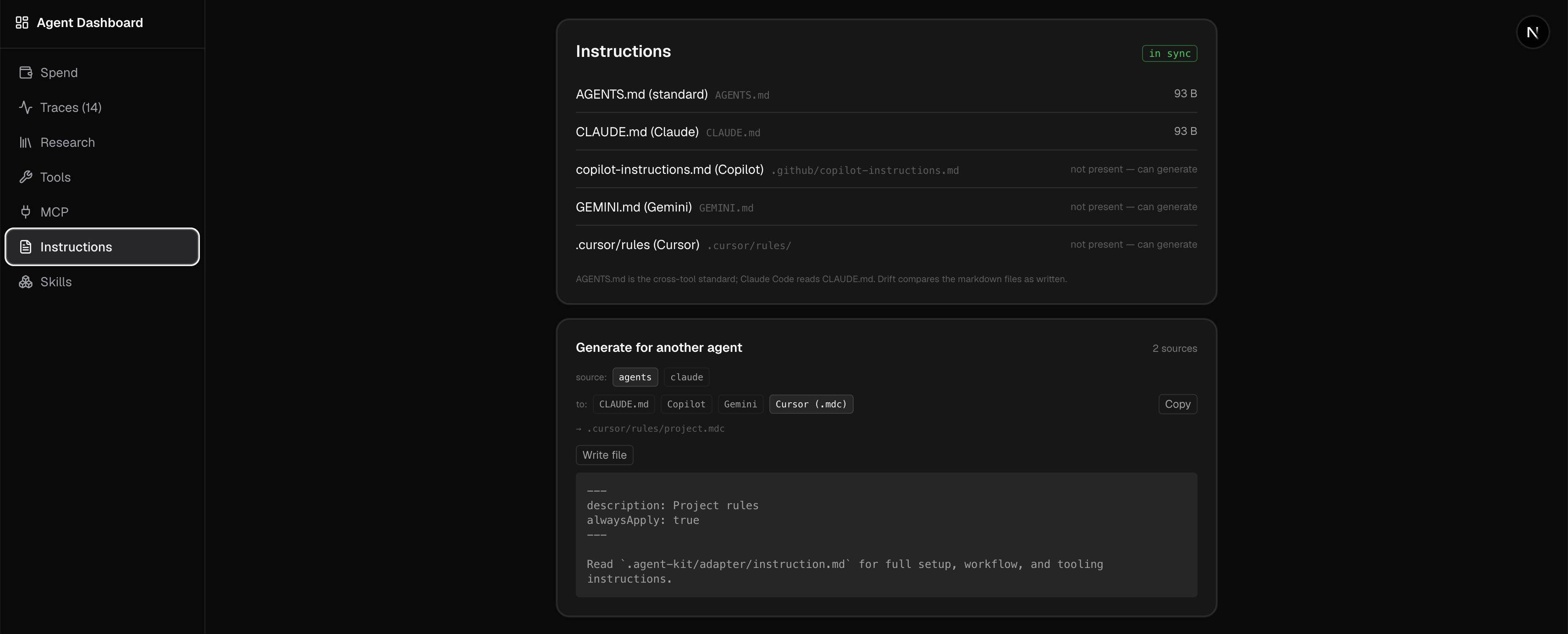 The dashboard's instructions view, showing AGENTS.md, CLAUDE.md and other agent instruction files and a tool to generate them for different agents.