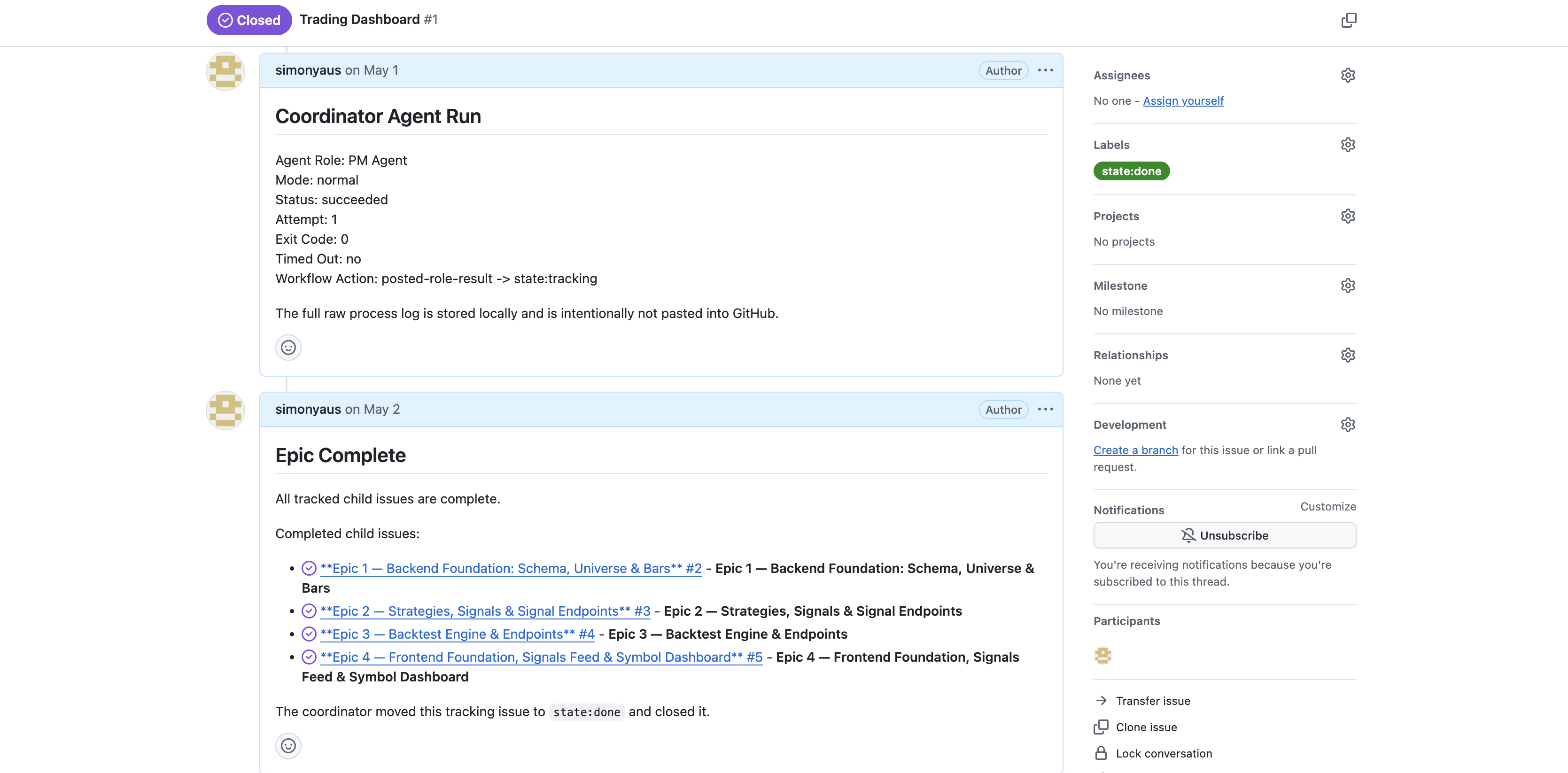 A GitHub issue thread where Tutti's coordinator posts a role run result and an epic-complete summary, then moves the tracking issue to state:done.